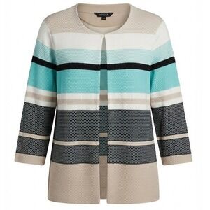 Misook Womens Large Blue Oatmeal Striped Honeycomb Knit Open Front Cardigan L
